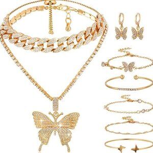7 Pieces Gold Butterfly Necklace Bracelets Earrings Jewelry Set for Women